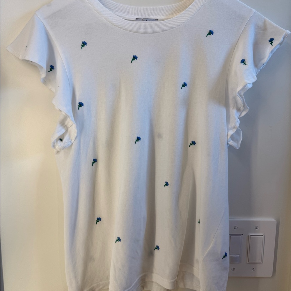 Rails White Tee with crocheted blue flowers